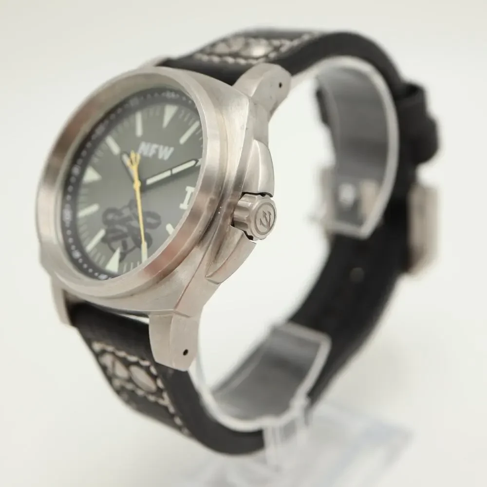 NFW Dive Mens Silver Tone 46mm Watch Black Leather Strap with New Battery